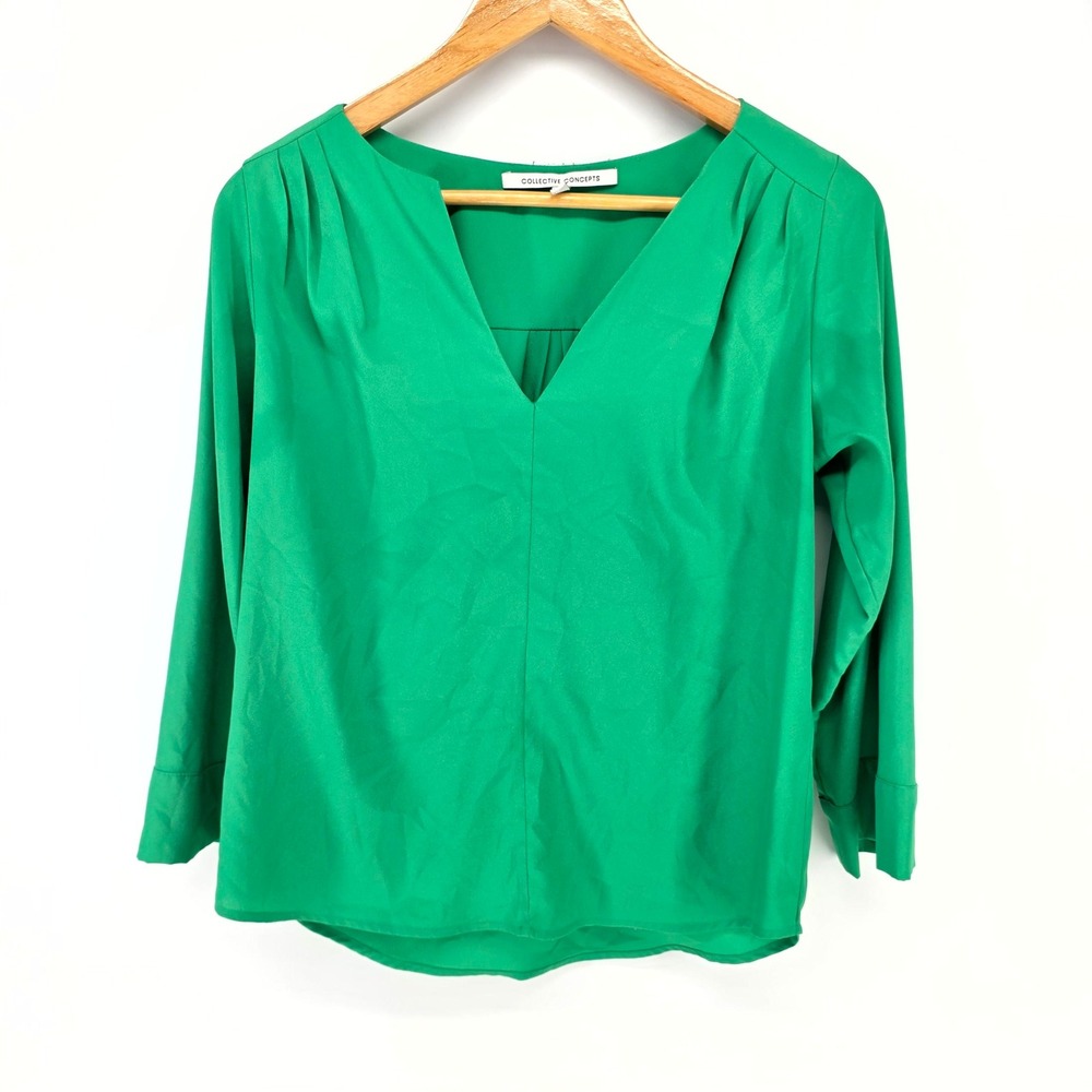 Collective Concepts Blouse‎ Womens XS Green V-Neck Pleated 3/4 Sleeve TS9387-01